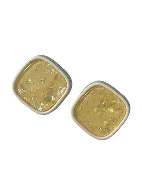 Vintage Yellow Lucite Square Clip On Earrings Iridescent Glitter Statement 1 Inc